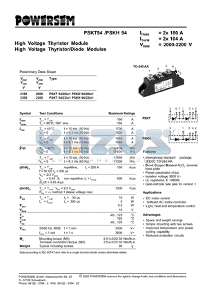 PSKT94 datasheet - High Voltage Thyristor/Diode Modules