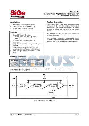 SE2597L-EK1 datasheet - 2.4 GHz Power Amplifier with Power Detector Preliminary Information