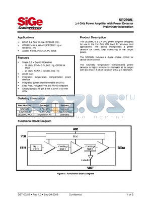 SE2598L-R datasheet - 2.4 GHz Power Amplifier with Power Detector Preliminary Information