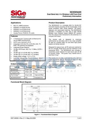SE2593A20-R datasheet - Dual Band 802.11n Wireless LAN Front End Preliminary Information