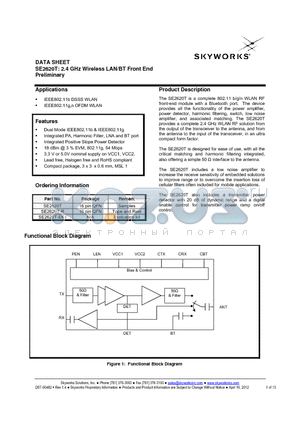 SE2620T datasheet - 2.4 GHz Wireless LAN/BT Front End Preliminary