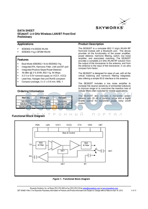 SE2620T-EK1 datasheet - 2.4 GHz Wireless LAN/BT Front End Preliminary