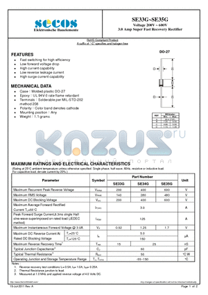 SE33G datasheet - Voltage 200V ~ 600V 3.0 Amp Super Fast Recovery Rectifier