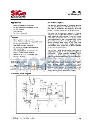 SE4100 datasheet - PointCharger GPS Receiver IC Preliminary Information