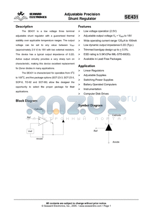 SE431 datasheet - ADJUSTABLE PRECISION SHUNT REGULATOR