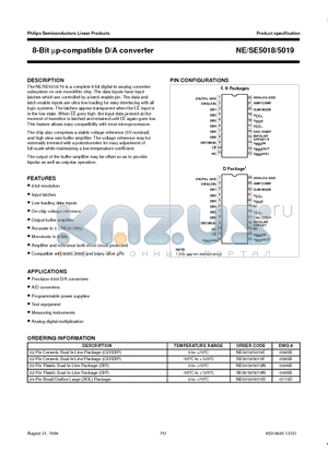 SE5019 datasheet - 8-Bit mp-compatible D/A converter