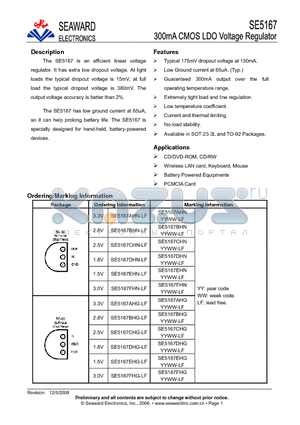 SE5167BLN-LF datasheet - 300mA CMOS LDO Voltage Regulator