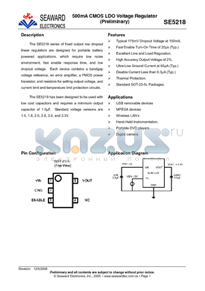 SE5218 datasheet - 500mA CMOS LDO Voltage Regulator