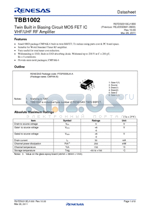 TBB1002_11 datasheet - Twin Built in Biasing Circuit MOS FET IC VHF/UHF RF Amplifier