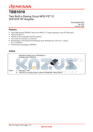 TBB1010 datasheet - Twin Built in Biasing Circuit MOS FET IC VHF/VHF RF Amplifier