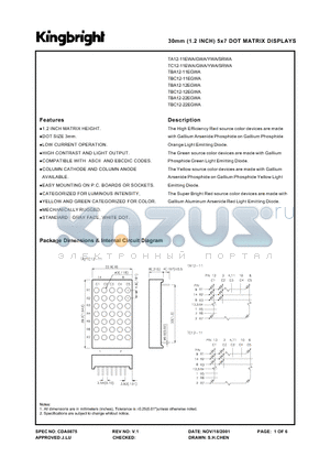 TBC12-12EGWA datasheet - 30 MM 5 X 7 DOT MATRIX DISPLAYS