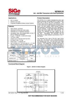 SE7051L10 datasheet - 200-600 MHz Transceiver with Dual Synthesizer