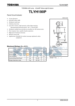 TLYH190P datasheet - TOSHIBA LED Lamp InGaALP Yellow Light Emission