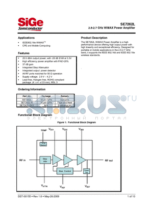SE7262L datasheet - 2.5-2.7 GHz WiMAX Power Amplifier