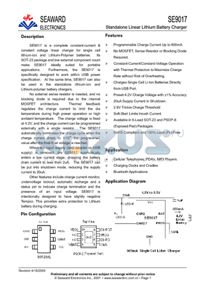 SE9017 datasheet - Standalone Linear Lithium Battery Charger