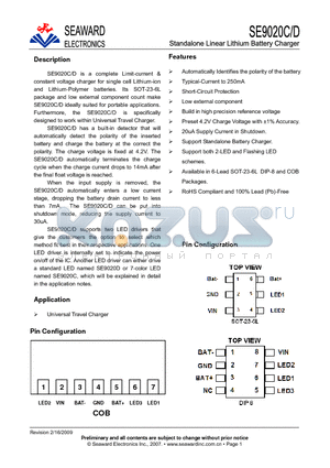 SE9020C datasheet - Standalone Linear Lithium Battery Charger