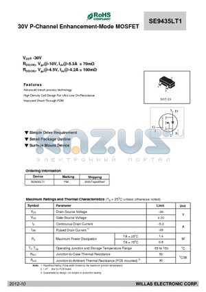 SE9435LT1 datasheet - 30V P-Channel Enhancement-Mode MOSFET