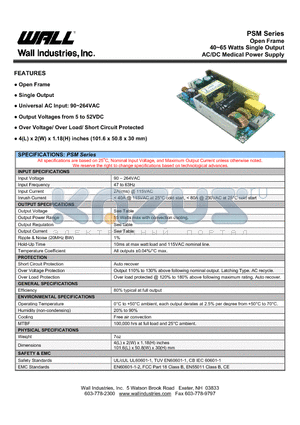 PSM040B-1Y050 datasheet - Open Frame 40~65 Watts Single Output AC/DC Medical Power Supply