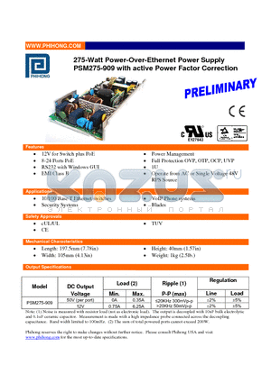 PSM275-909 datasheet - 275-Watt Power-Over-Ethernet Power Supply