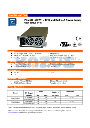 PSM500-210 datasheet - PSM500 500W 1U RPS and Bulk n1 Power Supply with active PFC