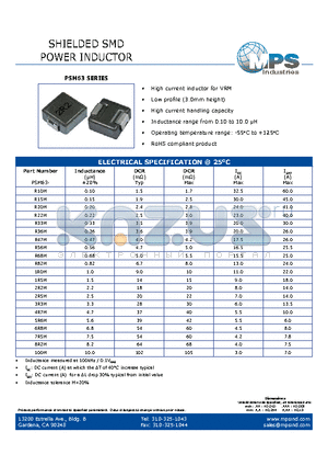 PSM63-100M datasheet - SHIELDED SMD POWER INDUCTOR