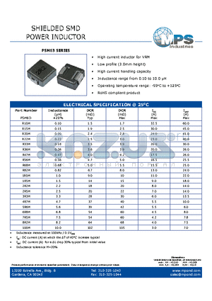 PSM63-1R0M datasheet - SHIELDED SMD POWER INDUCTOR