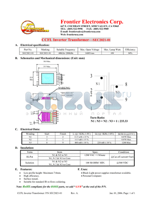 SEC2021-01-LFR datasheet - CCFL Inverter Transformer