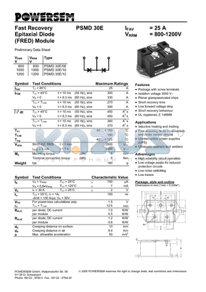 PSMD30E-12 datasheet - Fast Recovery Epitaxial Diode (FRED) Module