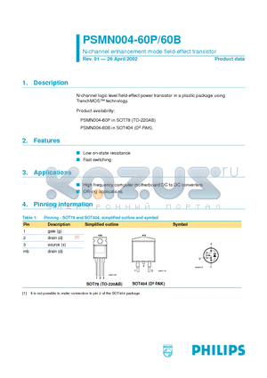 PSMN004-60B datasheet - N-channel enhancement mode field-effect transistor