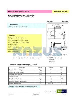 TBN6301 datasheet - NPN SILICON RF TRANSISTOR