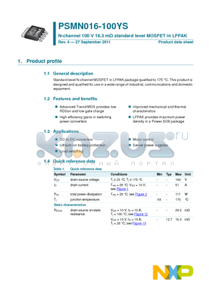 PSMN016-100YS datasheet - N-channel 100 V 16.3 mY standard level MOSFET in LFPAK