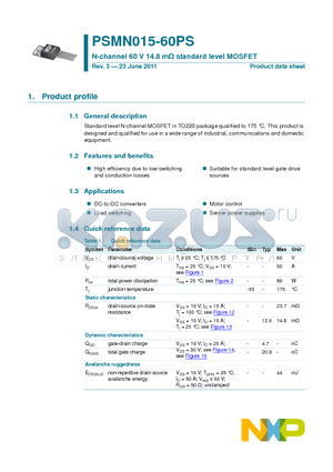PSMN015-60PS datasheet - N-channel 60 V 14.8 mY standard level MOSFET