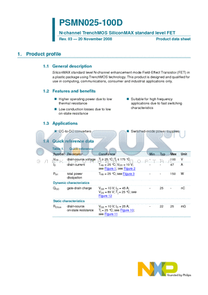 PSMN025-100D datasheet - N-channel TrenchMOS SiliconMAX standard level FET