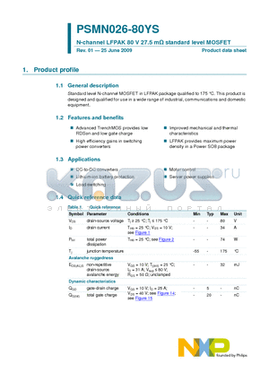 PSMN026-80YS datasheet - N-channel LFPAK 80 V 27.5 mY standard level MOSFET