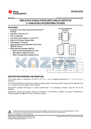 SN74AUC2G53DCUR datasheet - SINGLE-POLE DOUBLE-THROW (SPDT) ANALOG SWITCH OR 2:1 ANALOG MULTIPLEXER/DEMULTIPLEXER