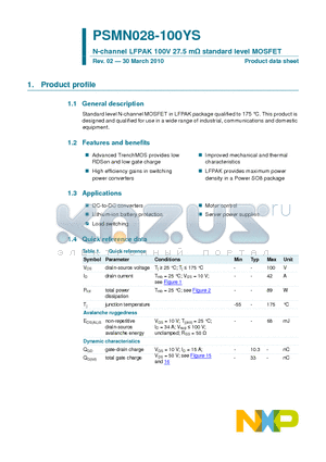 PSMN028-100YS datasheet - N-channel LFPAK 100V 27.5 mY standard level MOSFET
