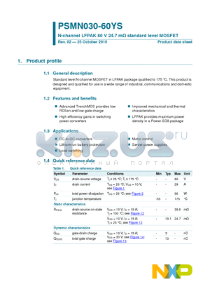 PSMN030-60YS datasheet - N-channel LFPAK 60 V 24.7 mY standard level MOSFET