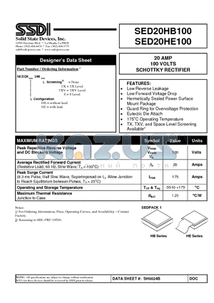 SED20HB100 datasheet - SCHOTTKY RECTIFIER