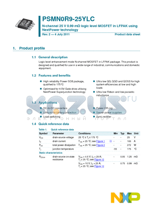 PSMN0R9-25YLC datasheet - N-channel 25 V 0.99 mY logic level MOSFET in LFPAK using NextPower technology