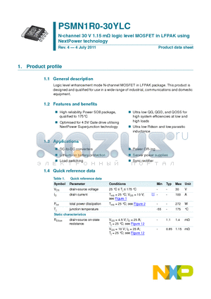 PSMN1R0-30YLC_11 datasheet - N-channel 30 V 1.15 mY logic level MOSFET in LFPAK using NextPower technology