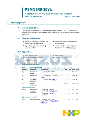 PSMN1R5-30YL datasheet - N-channel 30 V 1.5 mY logic level MOSFET in LFPAK