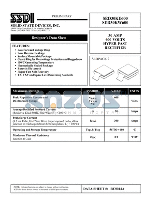 SED30KW600 datasheet - 30 AMP 600 VOLTS HYPER FAST RECTIFIER