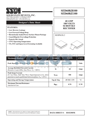 SED60KB100 datasheet - 60 AMP 100 VOLTS SCHOTTKY RECTIFIER