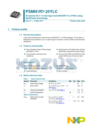 PSMN1R7-25YLC datasheet - N-channel 25 V 1.9 mY logic level MOSFET in LFPAK using NextPower technology