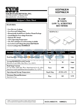 SED70KE30 datasheet - 70 AMP 30 VOLTS LOW VF SCHOTTKY RECTIFIER