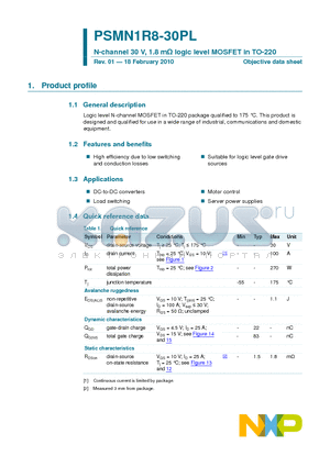 PSMN1R8-30PL datasheet - N-channel 30 V, 1.8 mY logic level MOSFET in TO-220