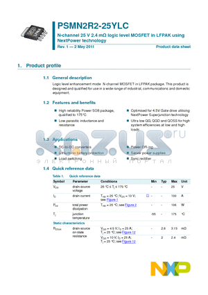 PSMN2R2-25YLC datasheet - N-channel 25 V 2.4 mY logic level MOSFET in LFPAK using NextPower technology