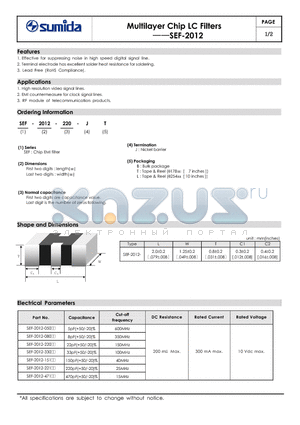 SEF-2012 datasheet - Multilayer Chip LC Filters