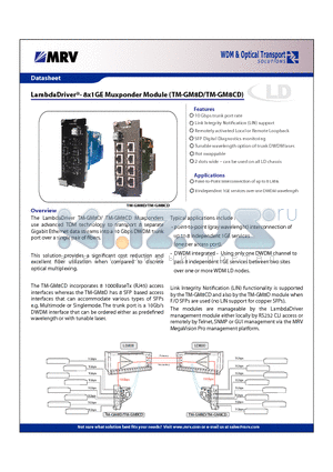 TM-GM8CD4 datasheet - LambdaDriver 8x1GE Muxponder Module (TM-GM8D/TM-GM8CD)