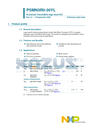 PSMN3R0-30YL datasheet - N-channel TrenchMOS logic level FET